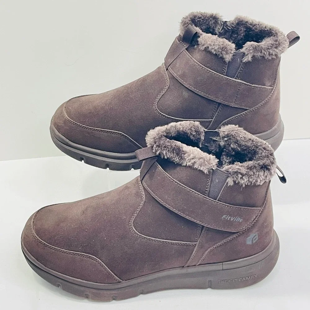 FitVille Men Brown Suede Faux Fur Lined Winter Ankle Boots 11.5 Extra Wide‎
